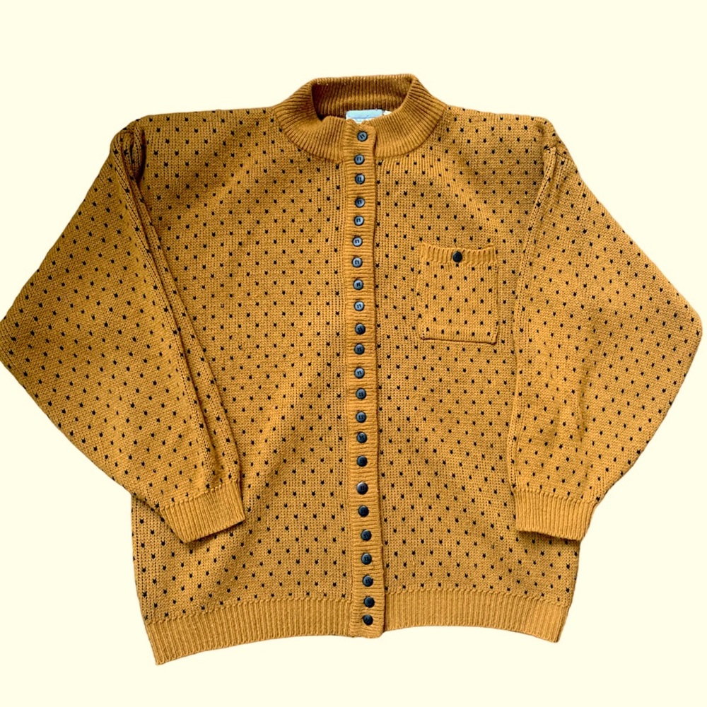 80s 90s Vintage Mustard Polka Dot Acrylic Pullover Sweater 14 - Picture 2 of 5